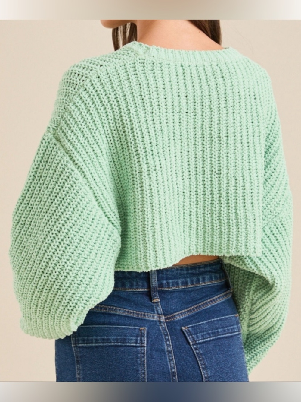 Altar'd State Mint Green Chenille Chunky Knit Oversized Cropped Raglan Sweater M